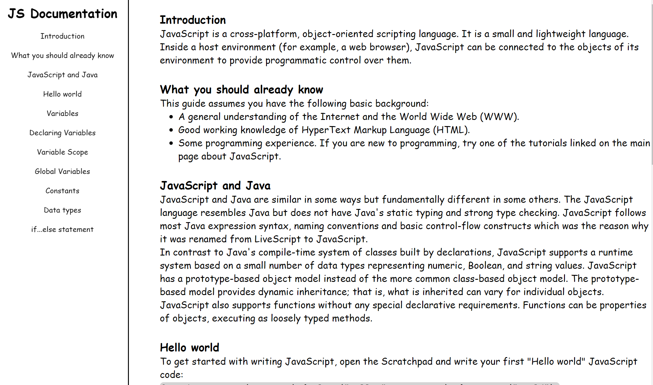 Javascript documentation page